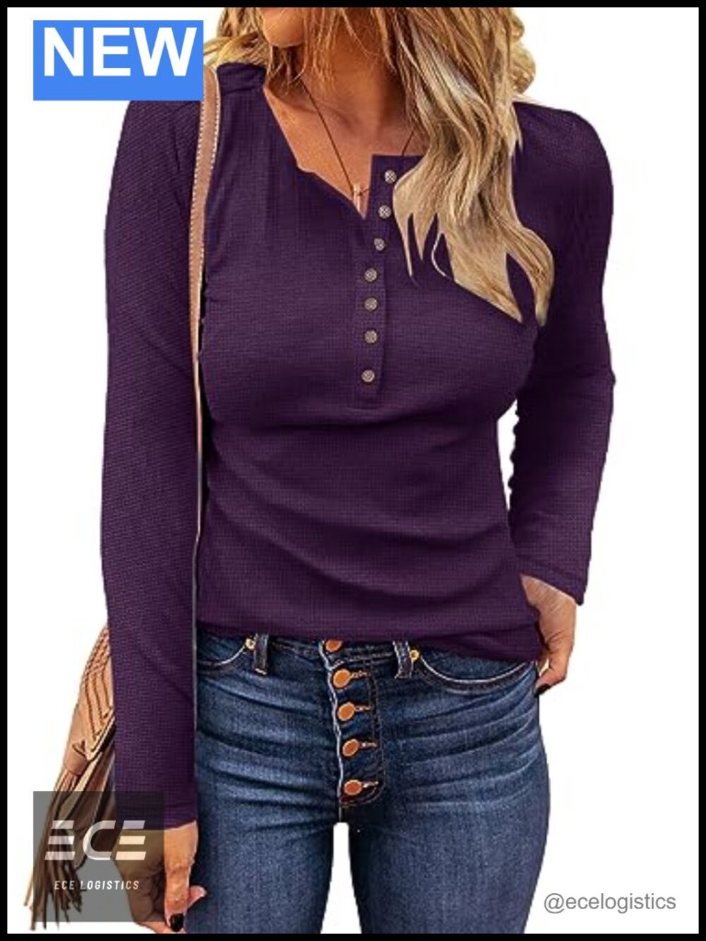 Waffle Knit Tunic Top Long Sleeve Henley Button Down Slim Fit Women's Shirt